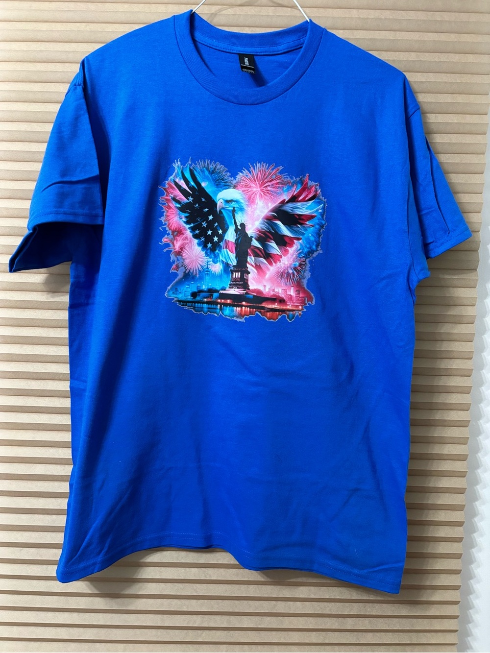 NEW Large Blue Graphic Tee with Patriotic Eagle and Statue of Liberty
